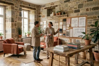 Décoratrice d'intérieur en consultation avec un client dans un appartement rennais rénové, entourée d'échantillons de tissus et de planches d'inspiration