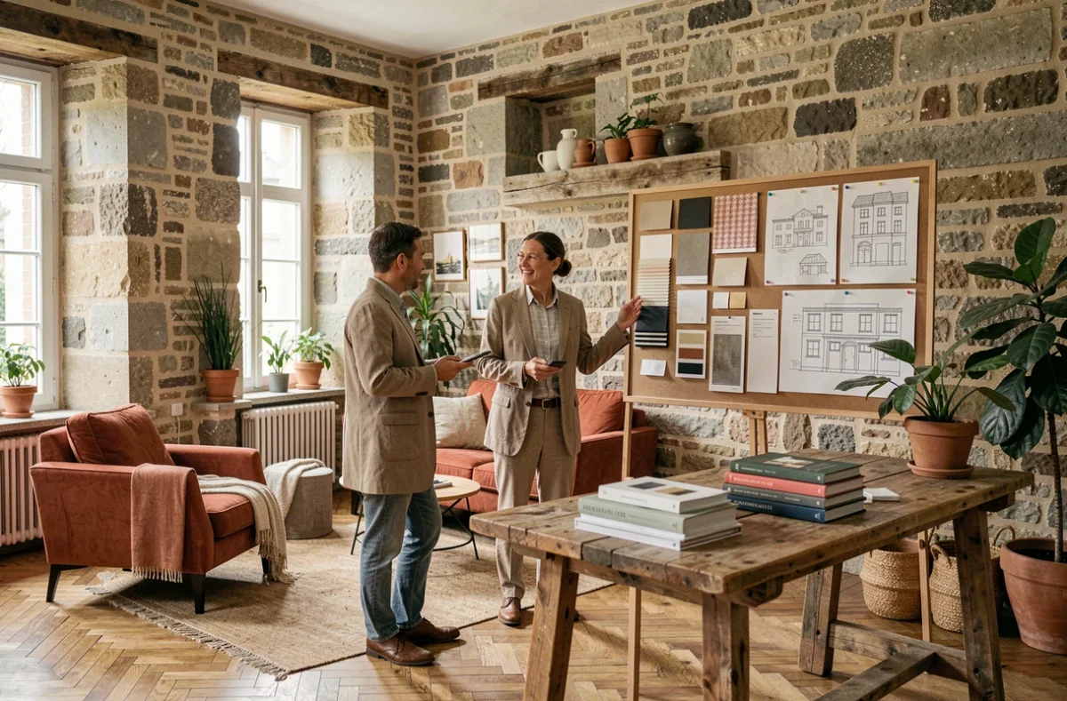 Décoratrice d'intérieur en consultation avec un client dans un appartement rennais rénové, entourée d'échantillons de tissus et de planches d'inspiration