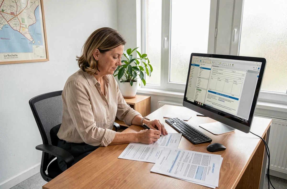 Femme consultant les documents administratifs pour un permis d'installation de panneaux solaires à La Rochelle