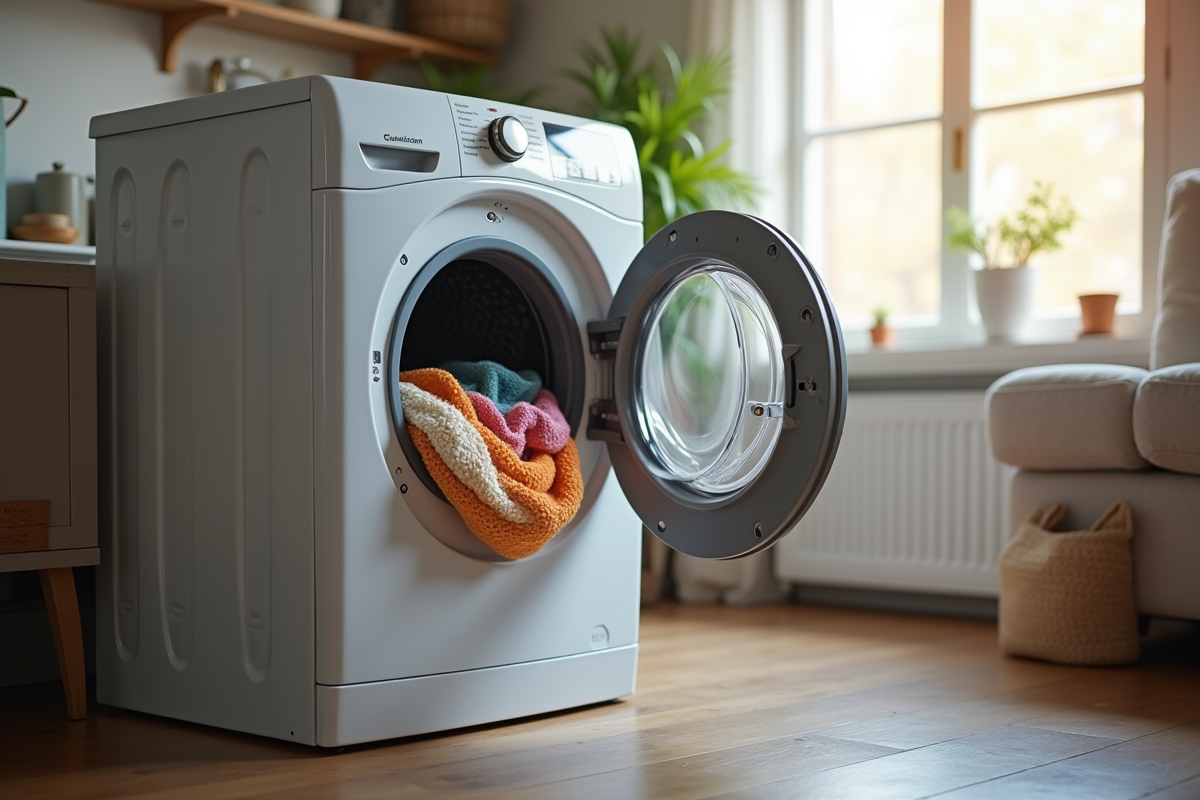 Lave-linge incliné avec couvertures de protection dans un salon
