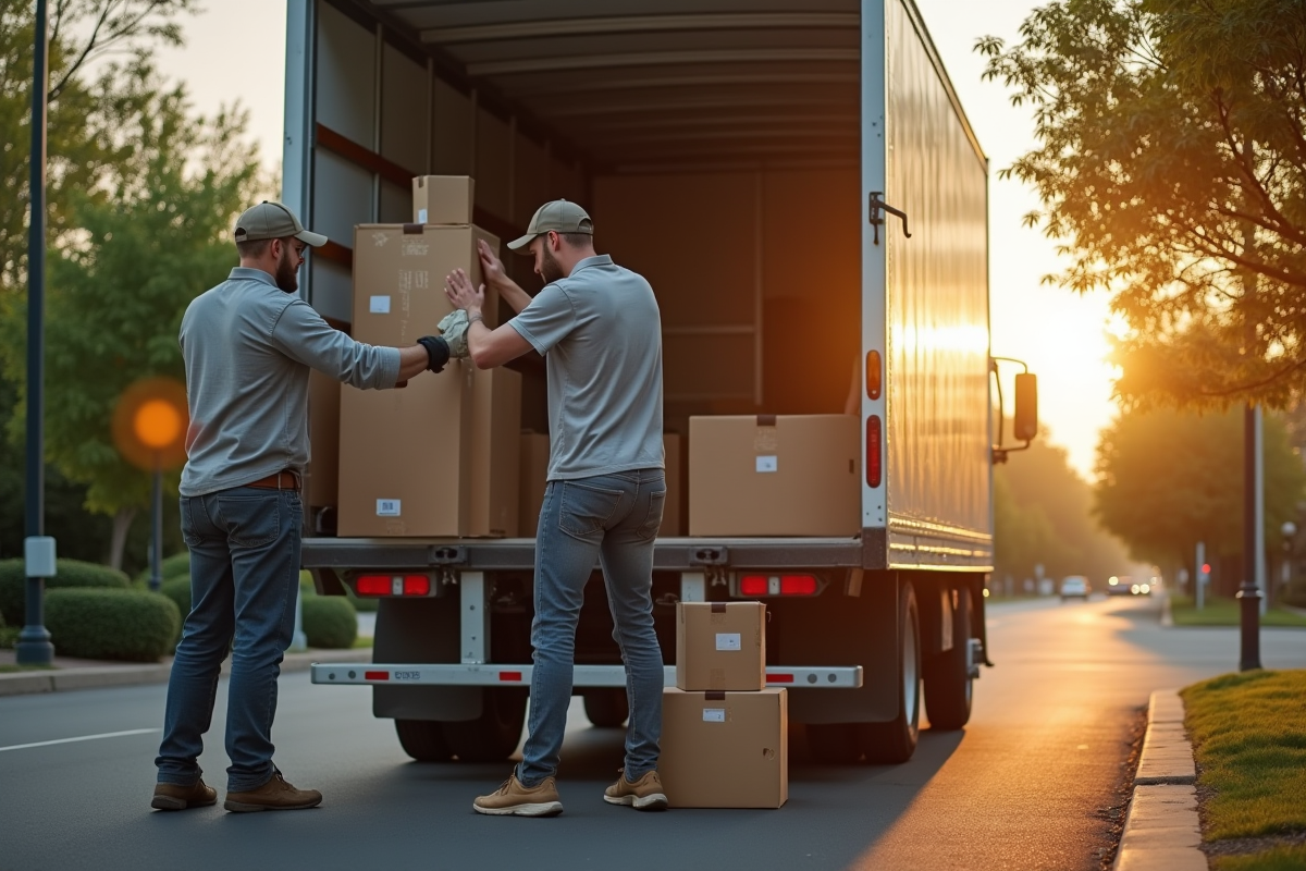 Demenageurs professionnels chargeant des cartons dans un camion