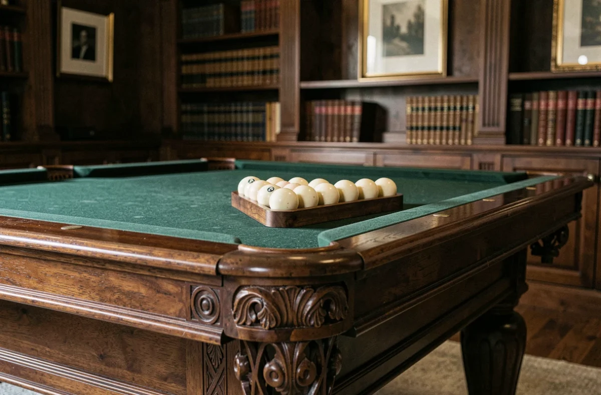 Détail artisanal d'une table de billard Chevillotte avec tapis vert et billes en ivoire dans une bibliothèque privée élégante