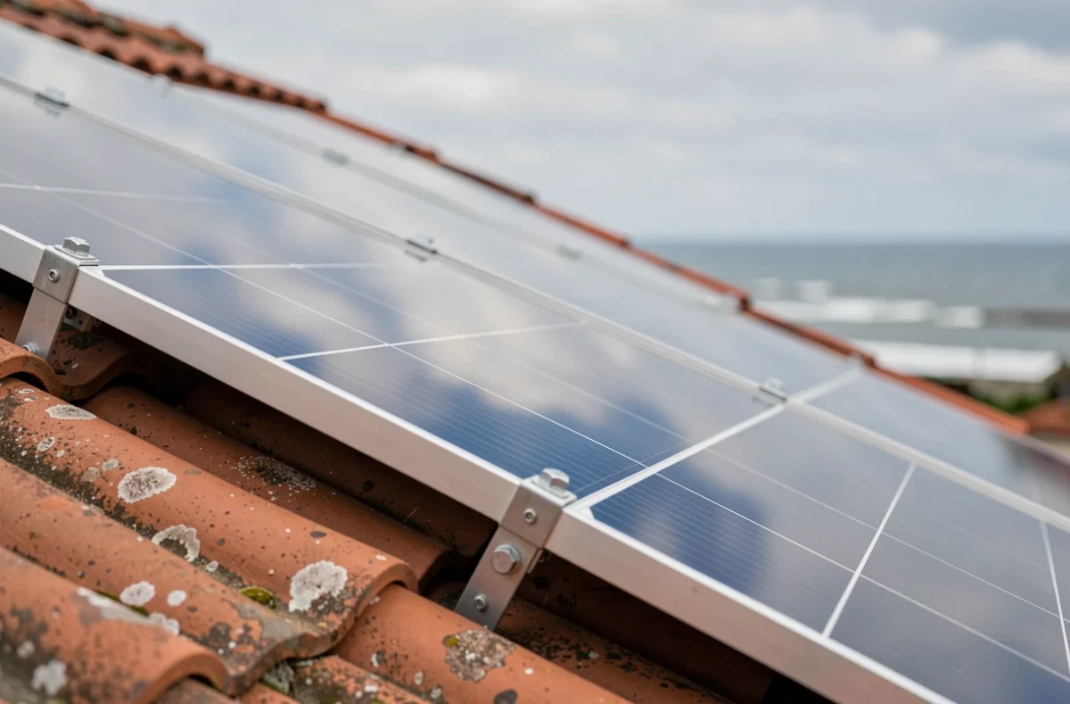 Gros plan de panneaux photovoltaïques installés sur un toit en tuiles à La Rochelle