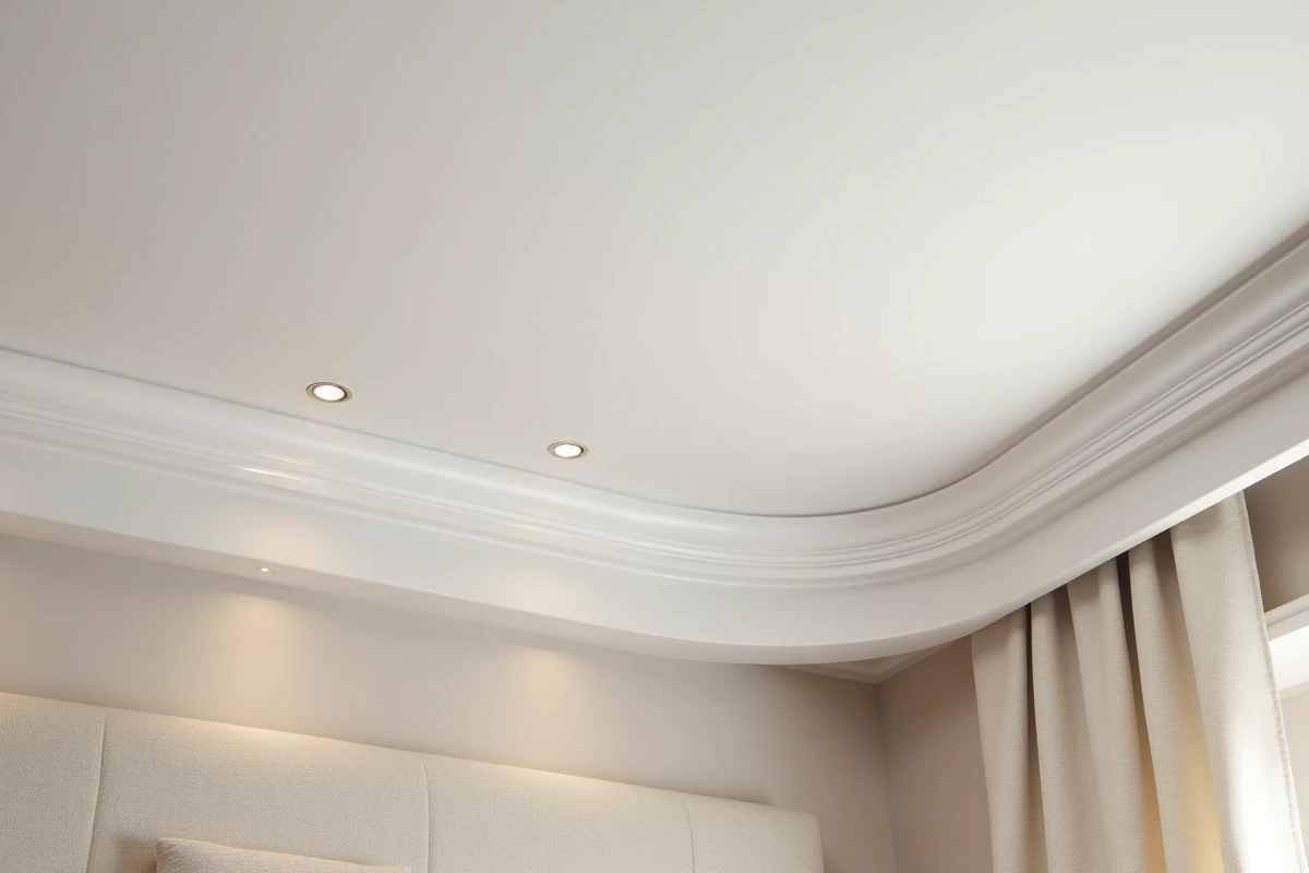 Gros plan sur les spots LED encastrés dans un plafond tendu en angle de chambre contemporaine