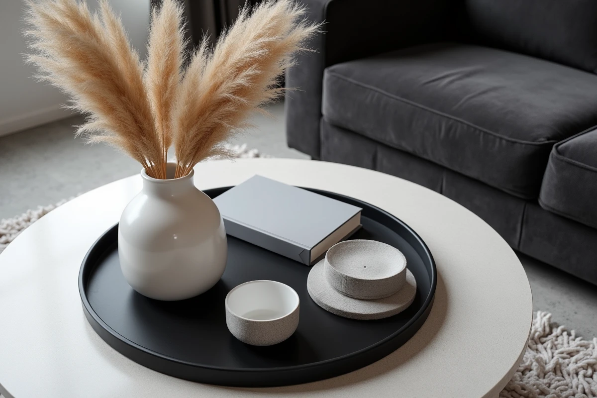 Détail de table basse salon en décoration noir gris blanc avec vase céramique blanc, plateau noir mat et herbes de pampa sur tapis en laine