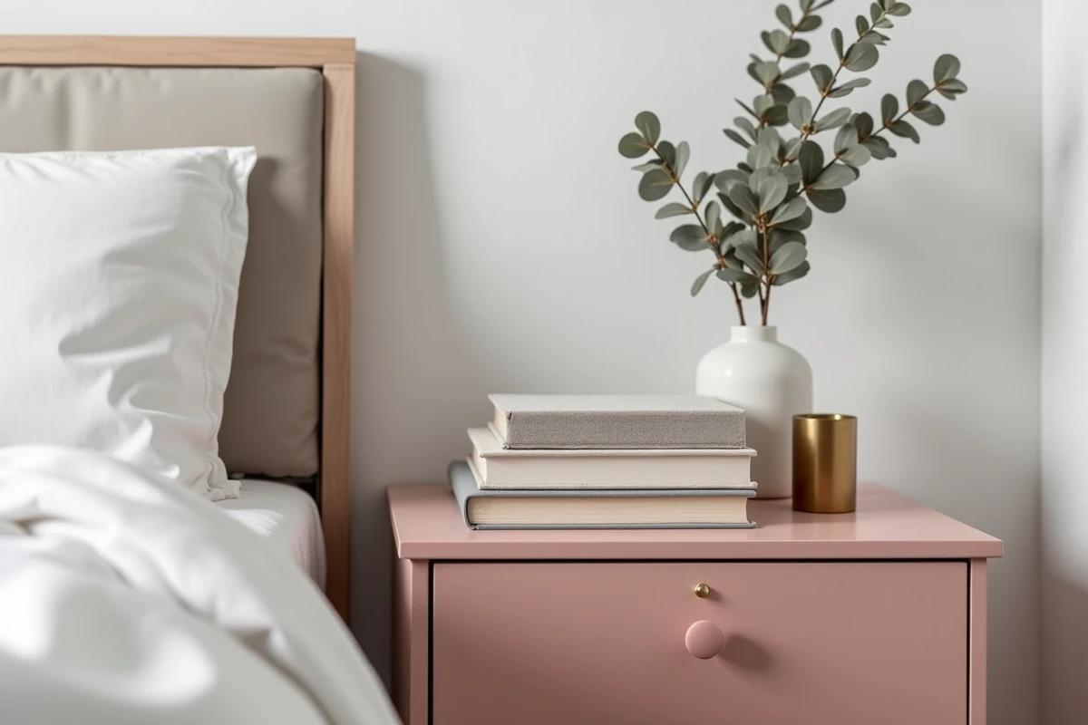 Détail de table de chevet peinte en rose ancien mat avec accessoires en laiton et lin dans une chambre scandinave épurée