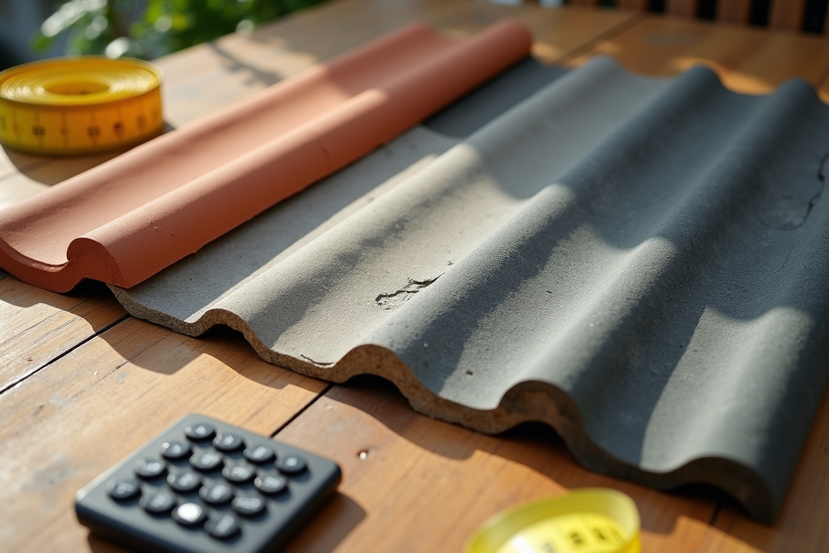 Gamme de tuiles en terre, béton et ardoise avec mètre et calculatrice