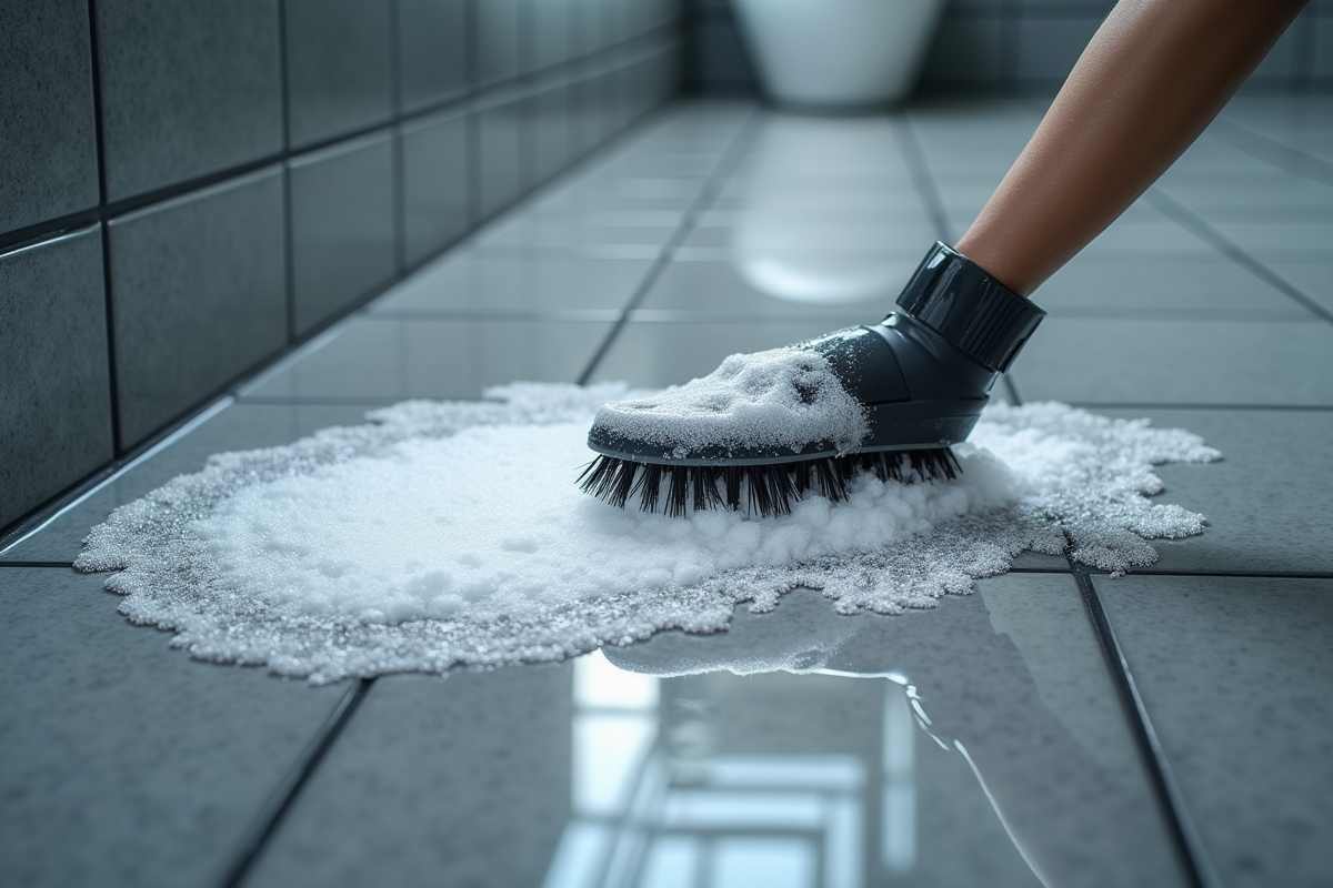 Détails de la salle de bain avec mousse blanche sur le sol