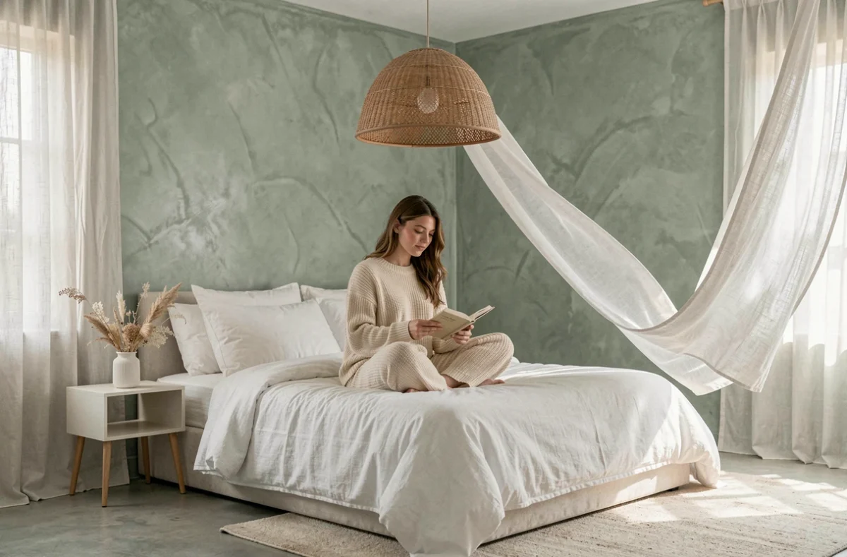 Chambre résidentielle au style épuré et poétique avec linge blanc, mur en badigeon sauge et déco botanique pour Dreami