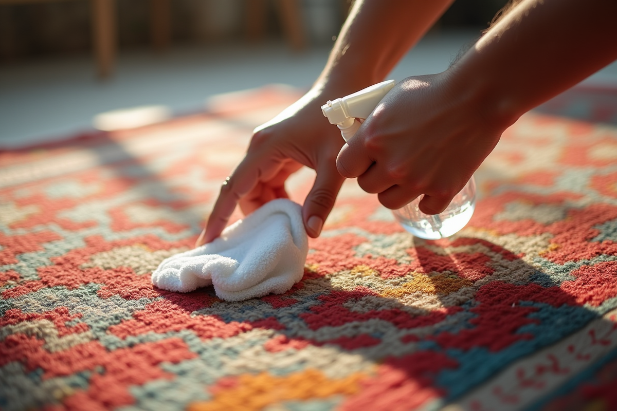 Mains utilisant un spray et chiffon pour nettoyer un tapis berbere