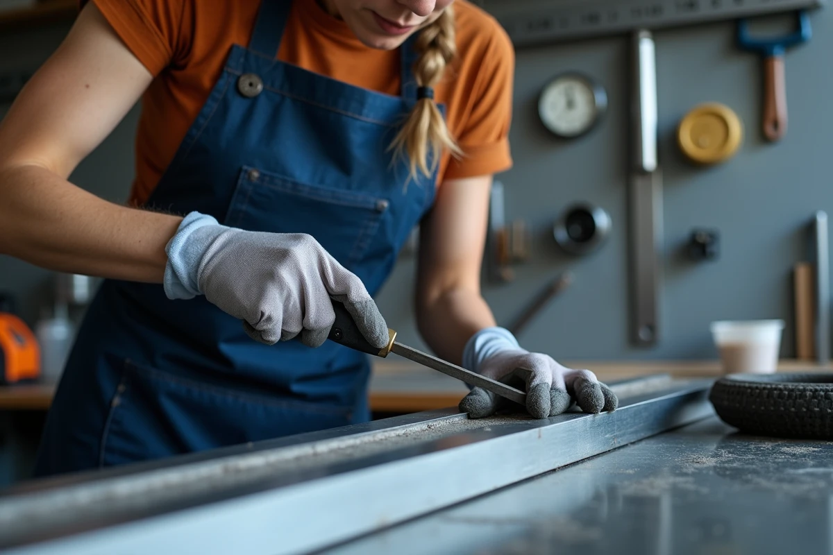 Femme ébavurant le bord d'une cornière en aluminium avec une lime plate dans un atelier rangé