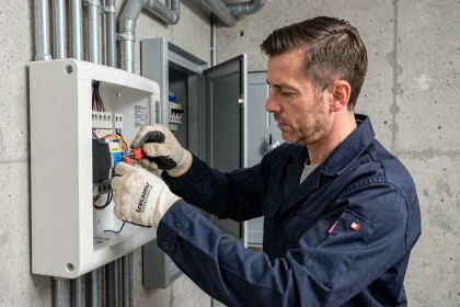 Électricien professionnel connectant un bouton poussoir Legrand sur un tableau électrique résidentiel