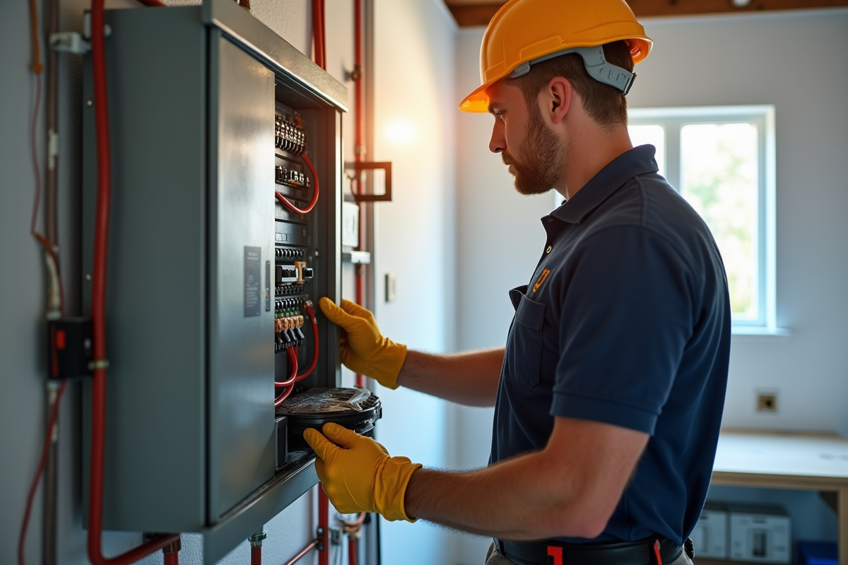 Électricien professionnel travaillant sur un panneau électrique moderne