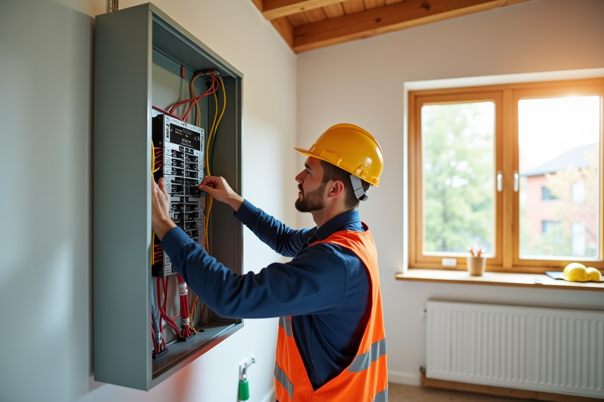Électricien installant un panneau électrique moderne dans une maison lumineuse