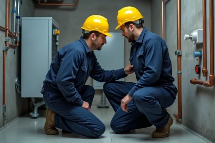 &Eacute;lectricien en inspection d'une pompe &agrave; chaleur dans un sous-sol