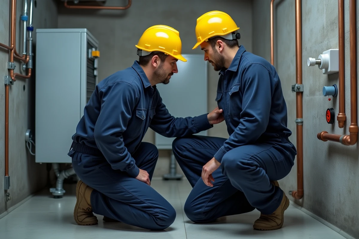 Électricien en inspection d'une pompe à chaleur dans un sous-sol