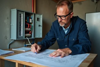 Électricien auto-constructeur consultant un schéma électrique GTL devant un tableau électrique en cours d'installation dans une pièce technique