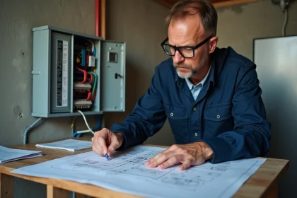 Électricien auto-constructeur consultant un schéma électrique GTL devant un tableau électrique en cours d'installation dans une pièce technique