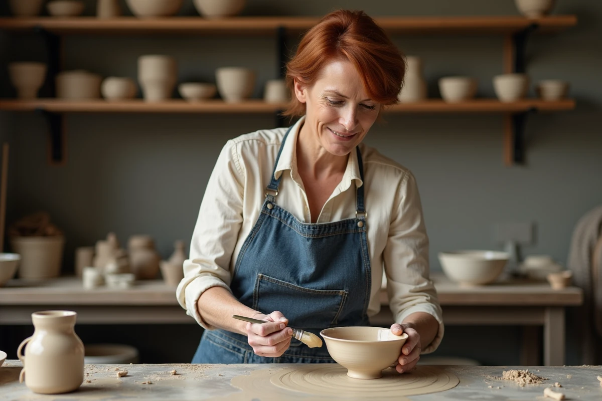 Céramiste appliquant un émail basse température sur un bol en argile dans un atelier de poterie