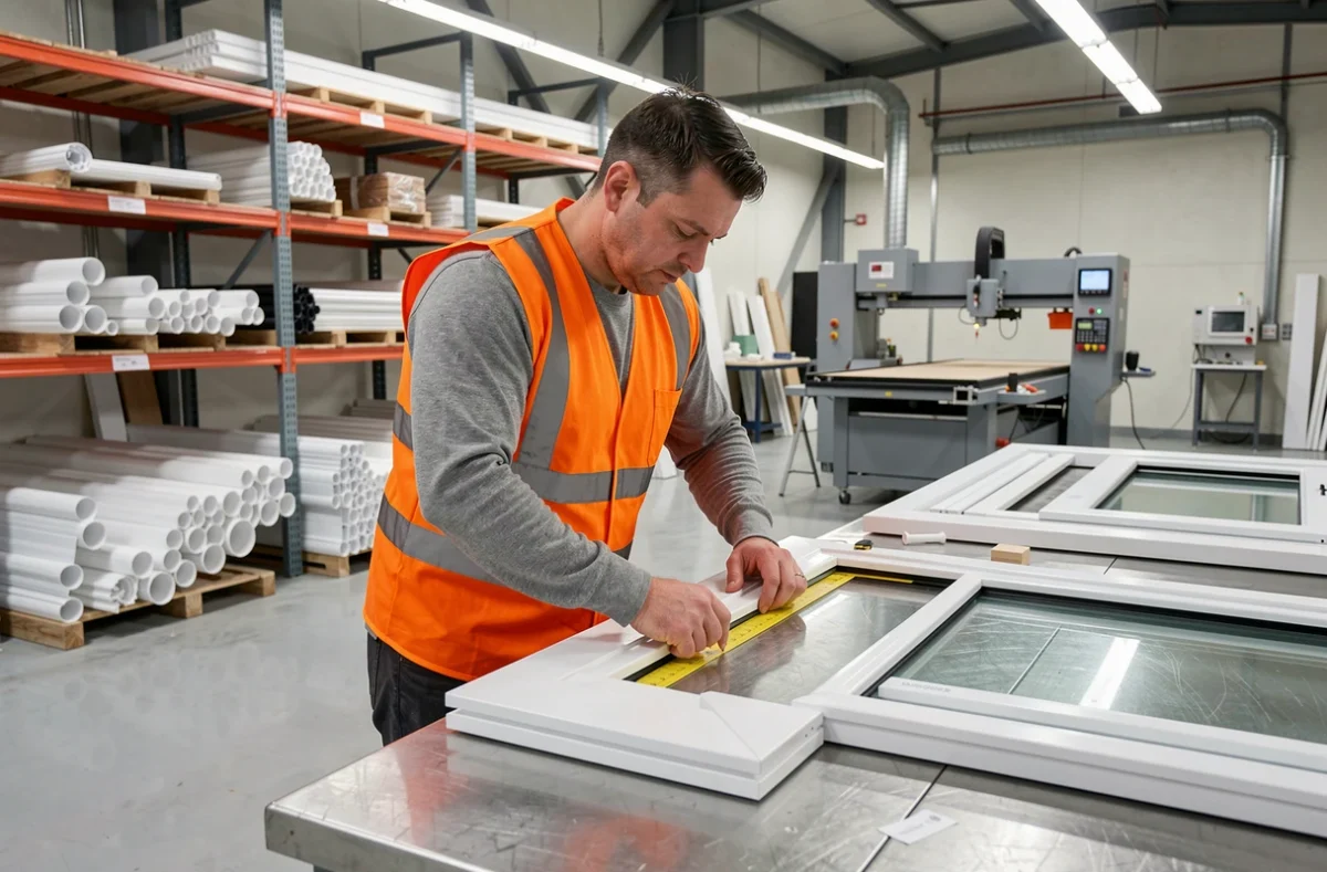 Menuisier d'EMB Emebat Menuiseries à Witry-lès-Reims mesurant des profilés PVC sur un établi dans un atelier de fabrication industriel moderne