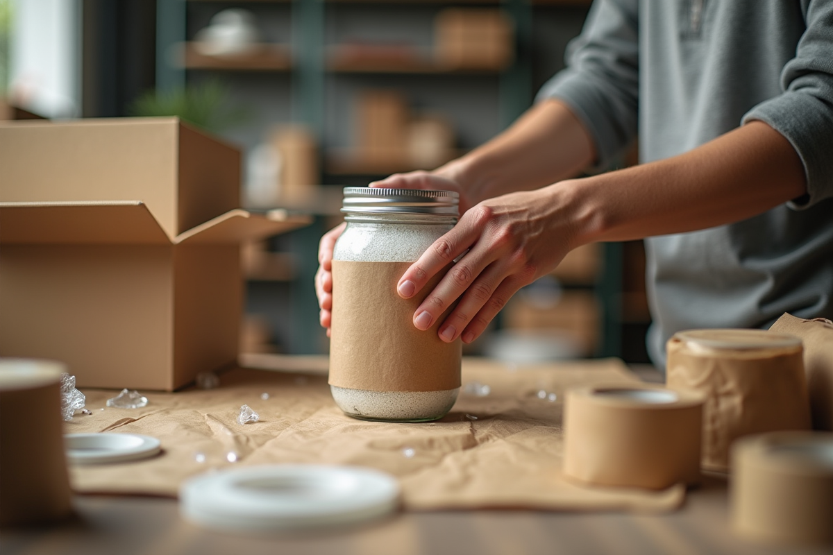 Personne emballant des bocaux Mason avec du papier kraft