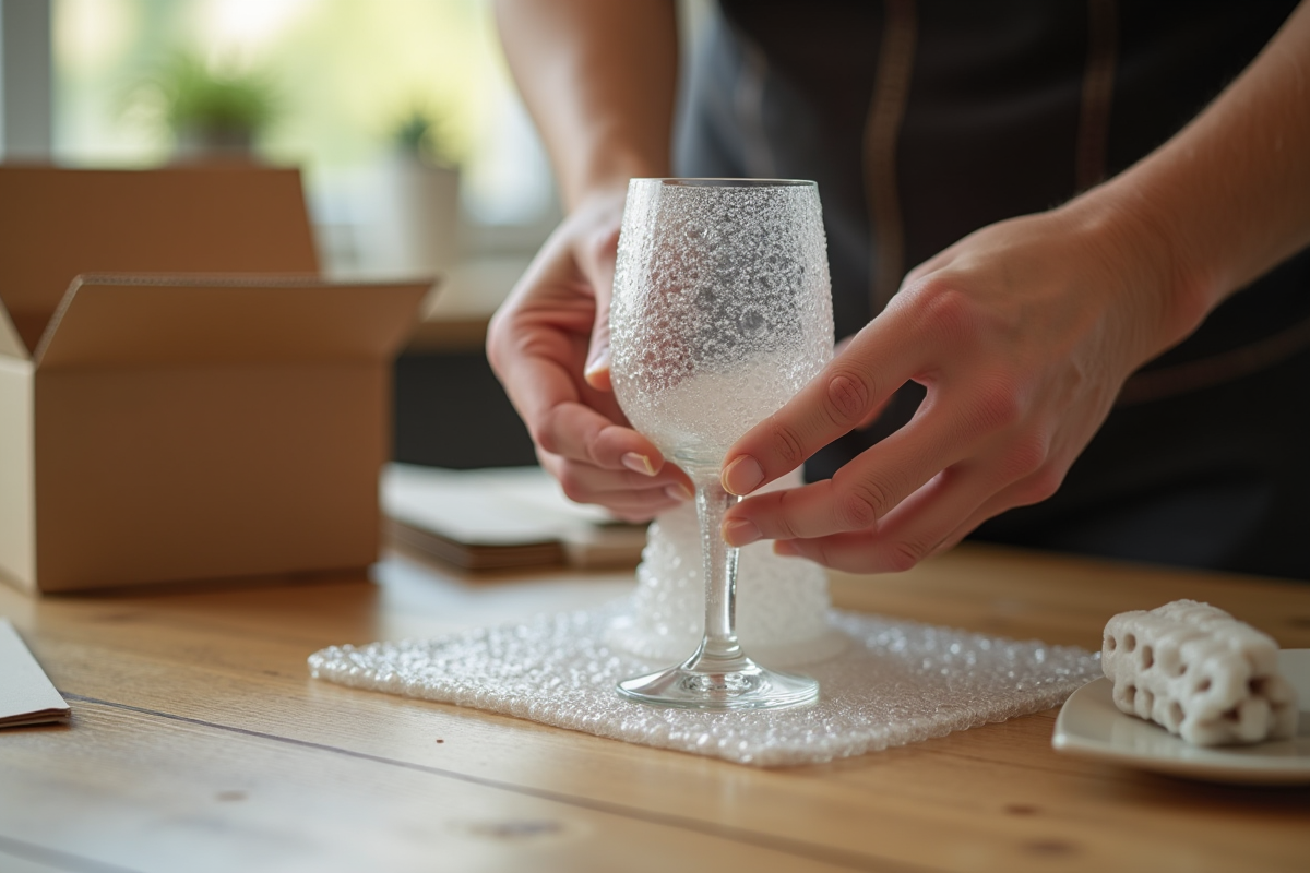 Main enveloppant un verre de vin avec du bulle wrap sur une table en bois