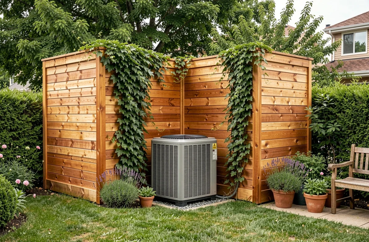 Enclosure acoustique en bois de cèdre en forme de L intégrant une pompe à chaleur dans un jardin verdoyant avec lavande et banc de jardin