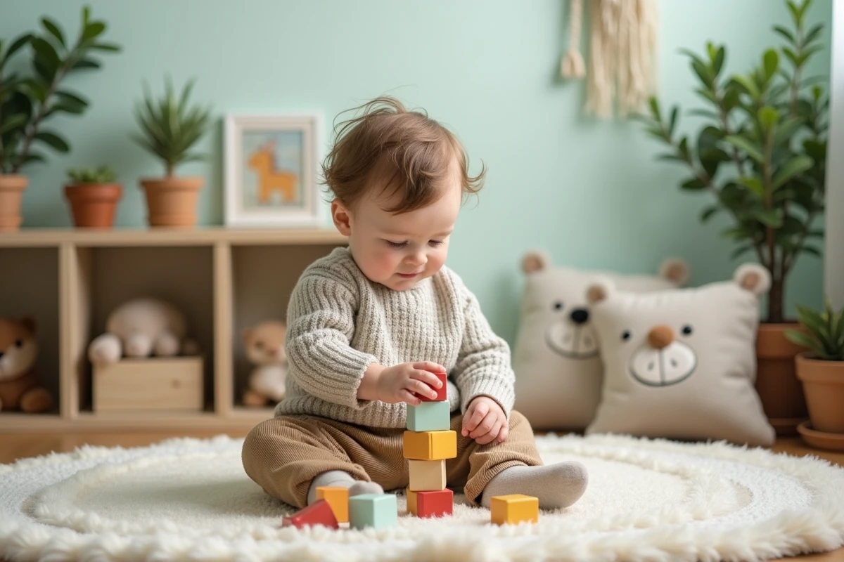 Enfant avec jouets en bois dans une nurserie chaleureuse