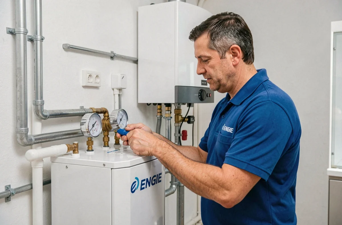 Technicien ENGIE Home Services Tours effectuant la maintenance d'une pompe à chaleur dans une maison de ville