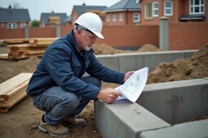 Ing&eacute;nieur en construction examinant une fondation en b&eacute;ton