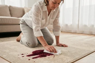 Femme qui enlève une tache de framboise sur un tapis beige avec un chiffon blanc dans un salon moderne