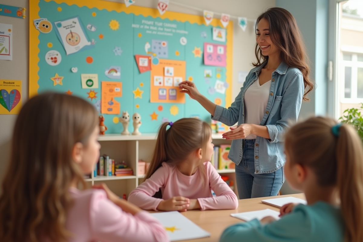 Enseignante avec enfants dans une classe lumineuse