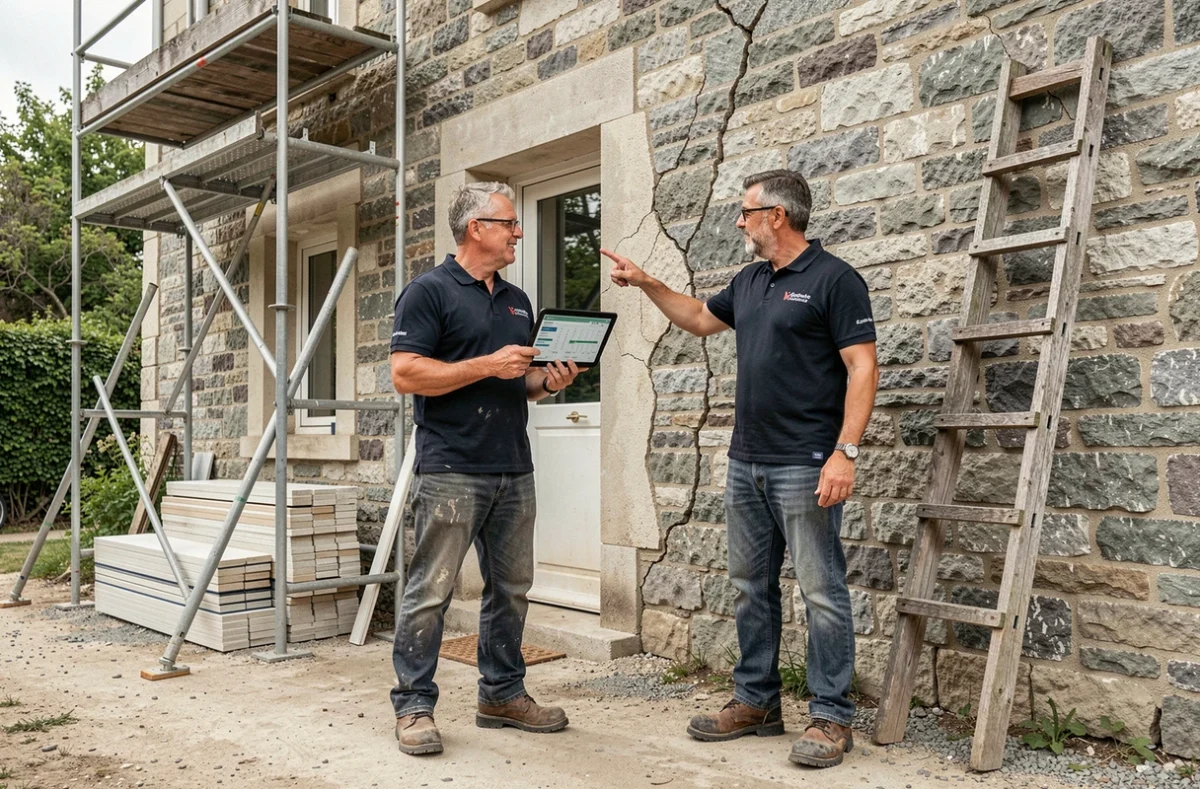 Deux entrepreneurs évaluant les travaux de rénovation extérieure d'une maison en pierre avec un devis sur tablette