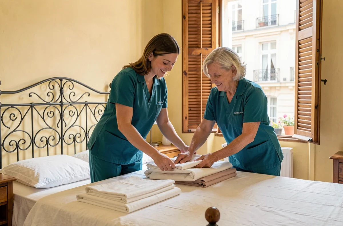Deux femmes de ménage professionnelles en uniforme bleu sarcelle pliant du linge dans une chambre lumineuse à Montpellier