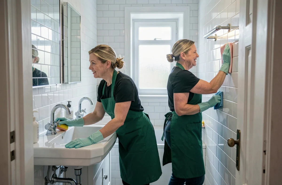 Deux professionnelles du ménage nettoyant ensemble une salle de bain dans un domicile à Rambouillet