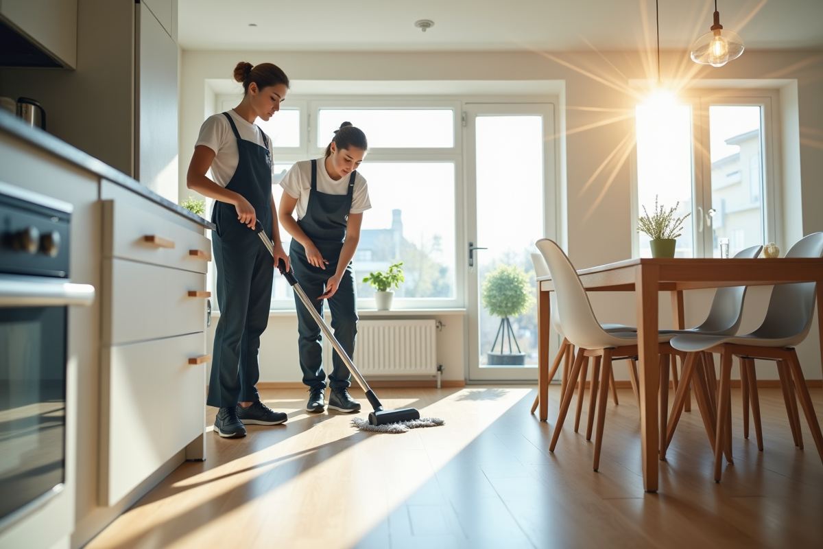 Deux professionnels nettoyant une cuisine après déménagement