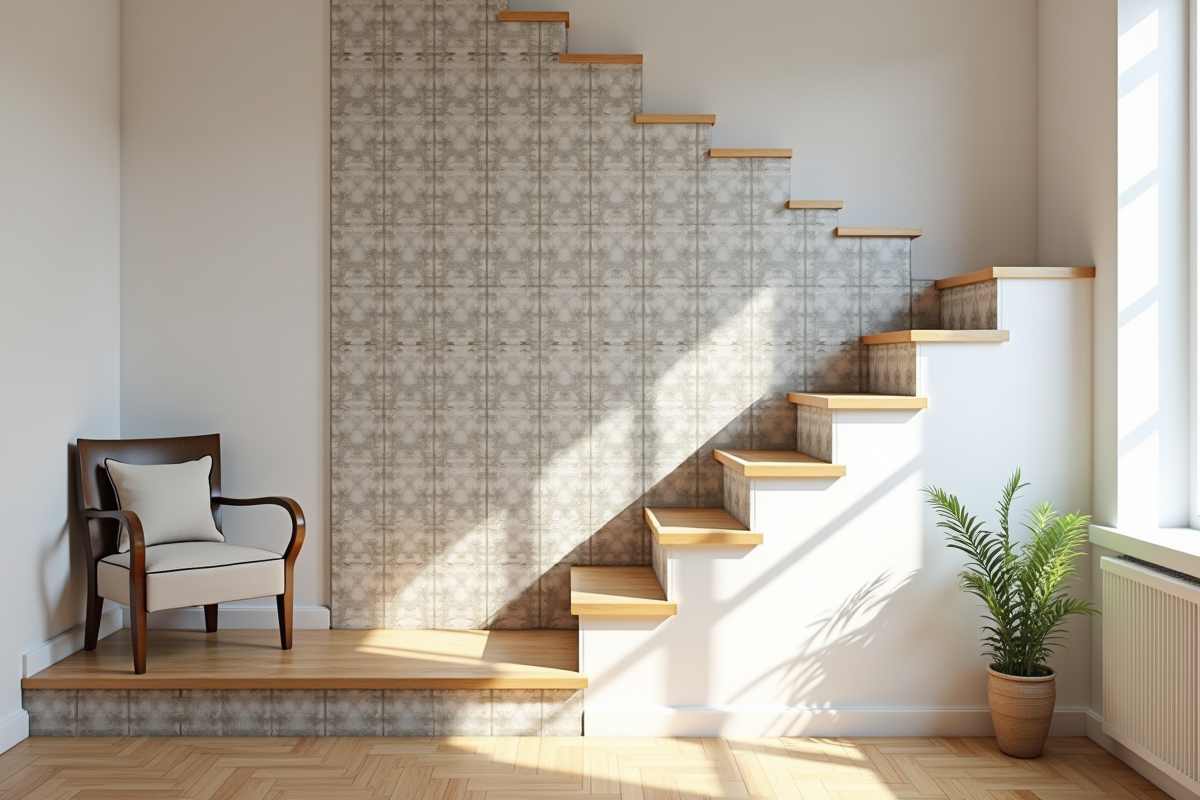 Escalier rénové avec tuiles décoratives et bois clair