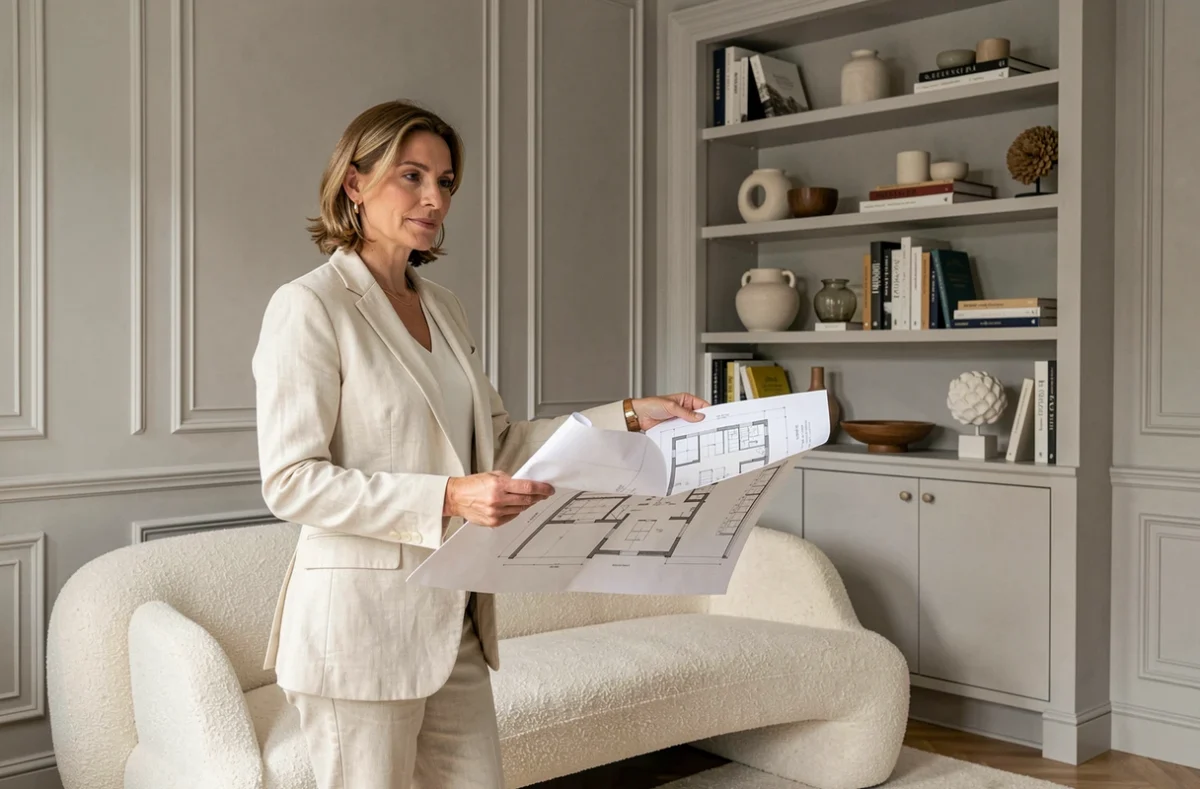 Décoratrice d'intérieur professionnelle présentant un aménagement de salon élégant pour Espace Aménagement Décoration dans les Hauts-de-Seine