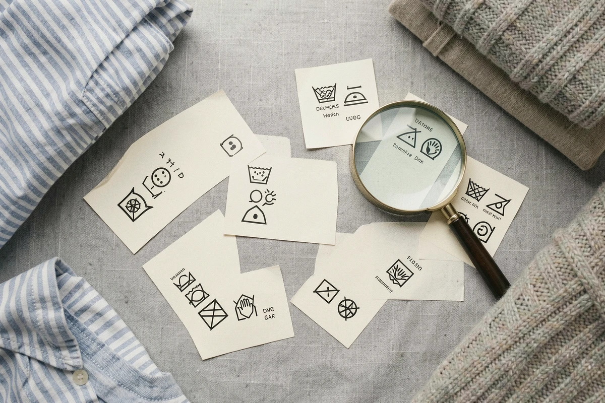 Étiquettes de vêtements avec symboles de lavage disposées en flat-lay sur fond lin gris, guide visuel entretien textile