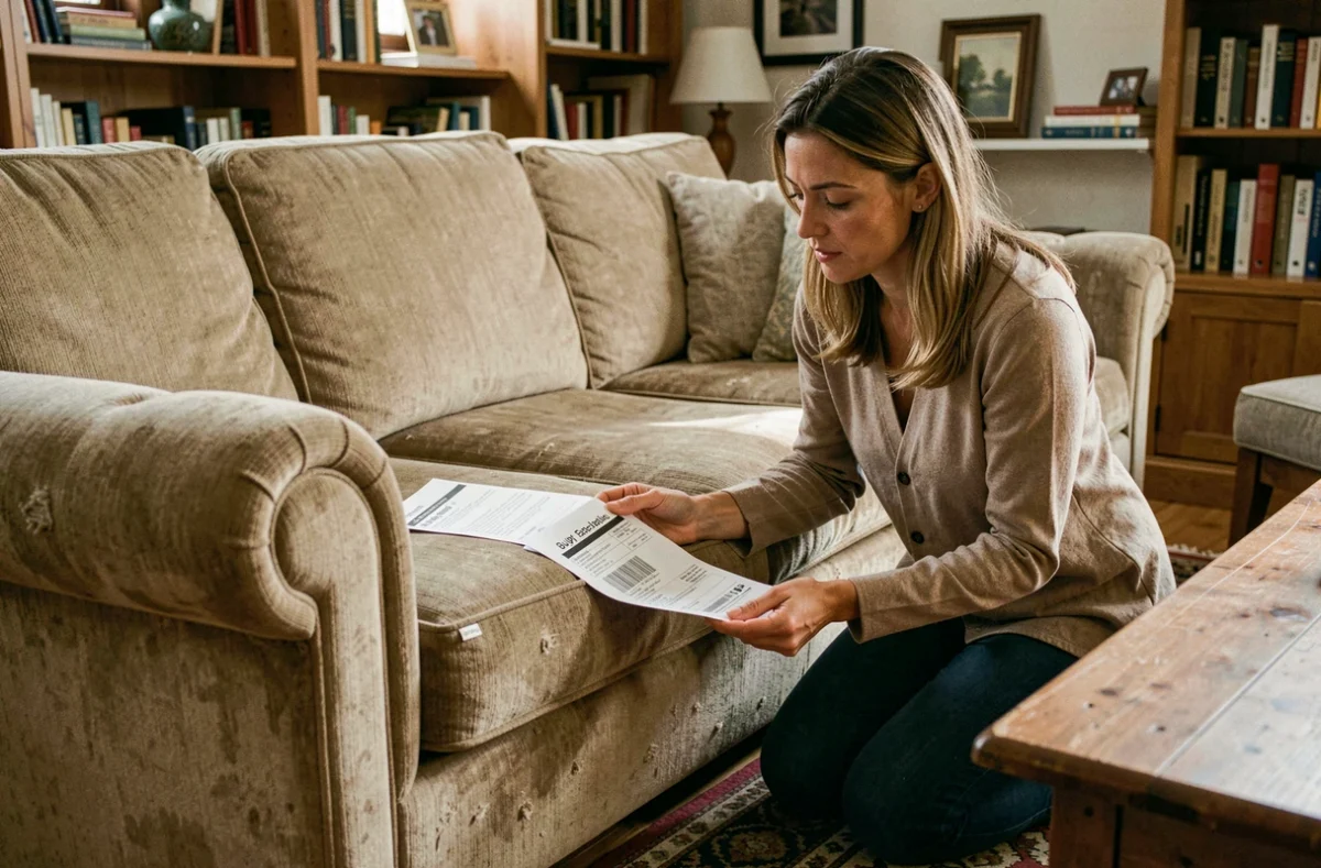 Femme évaluant l'état de son ancien canapé pour estimer la valeur de reprise avant achat d'un nouveau modèle
