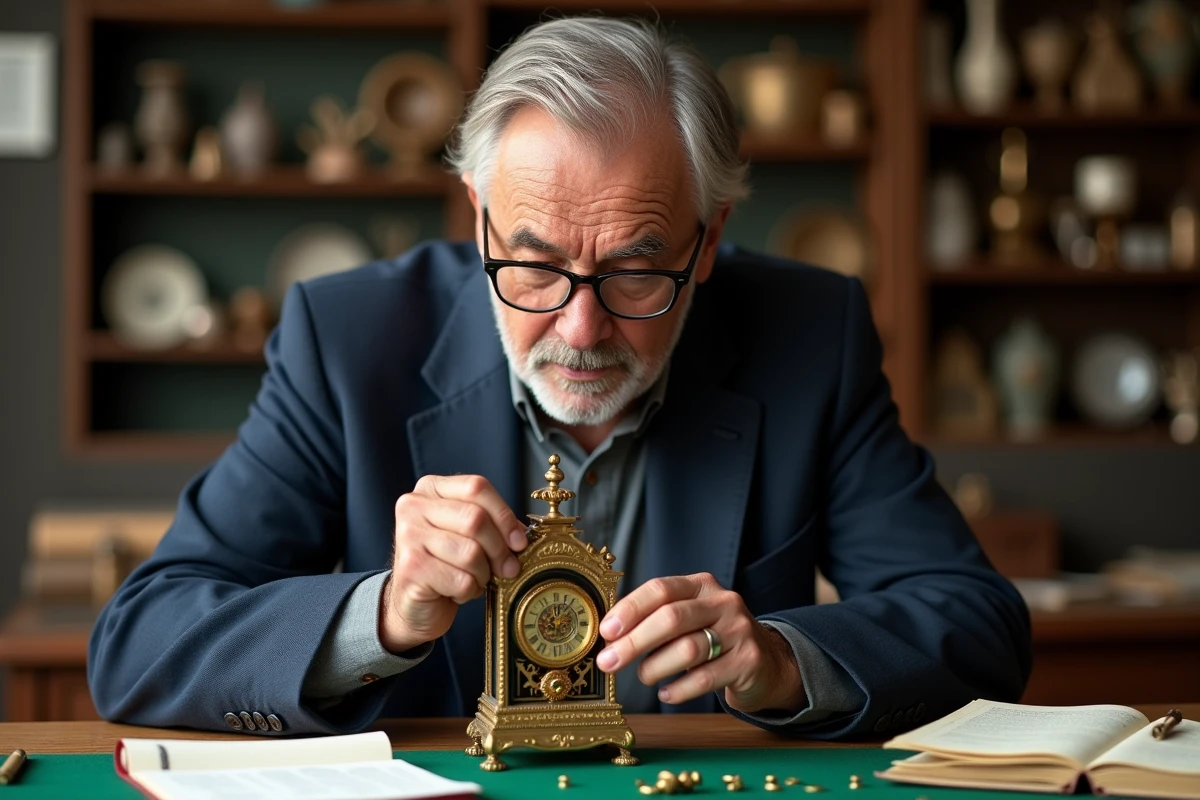 Expert horloger évaluant le mécanisme en laiton d'une horloge comtoise ouverte sur un établi de travail