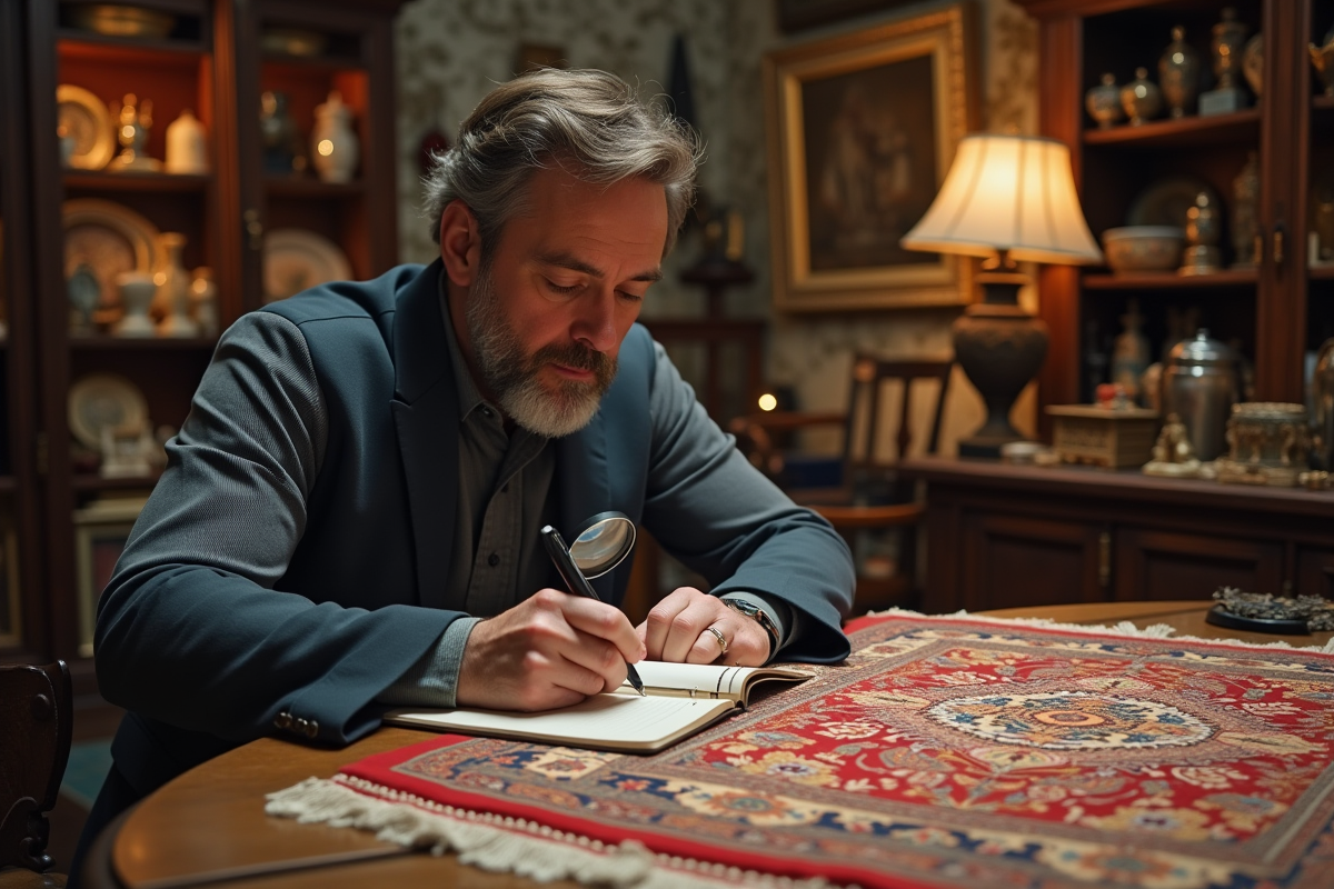 Expert examinant un tapis persan dans une boutique ancienne