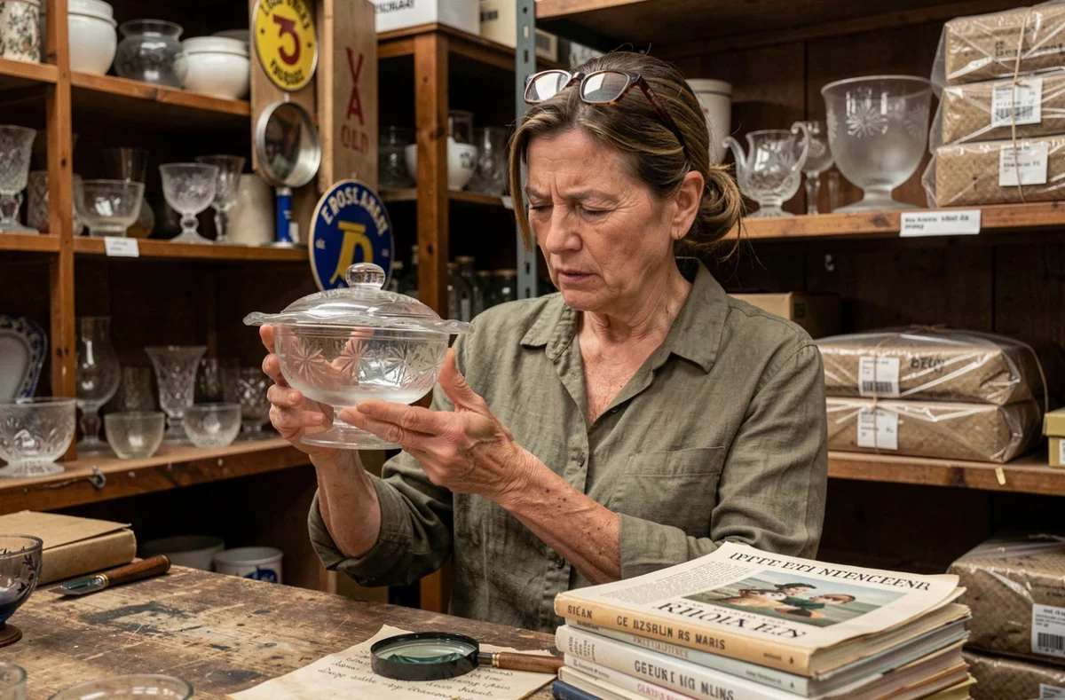 Femme experte en antiquités examinant une compotière en verre pressé Portieux à la loupe dans une réserve de brocante