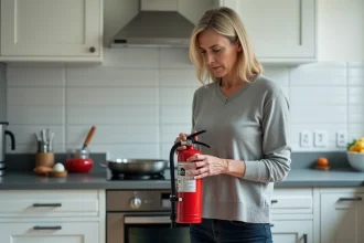 Femme tenant un extincteur rouge dans une cuisine domestique pour faire face à un départ de feu électrique
