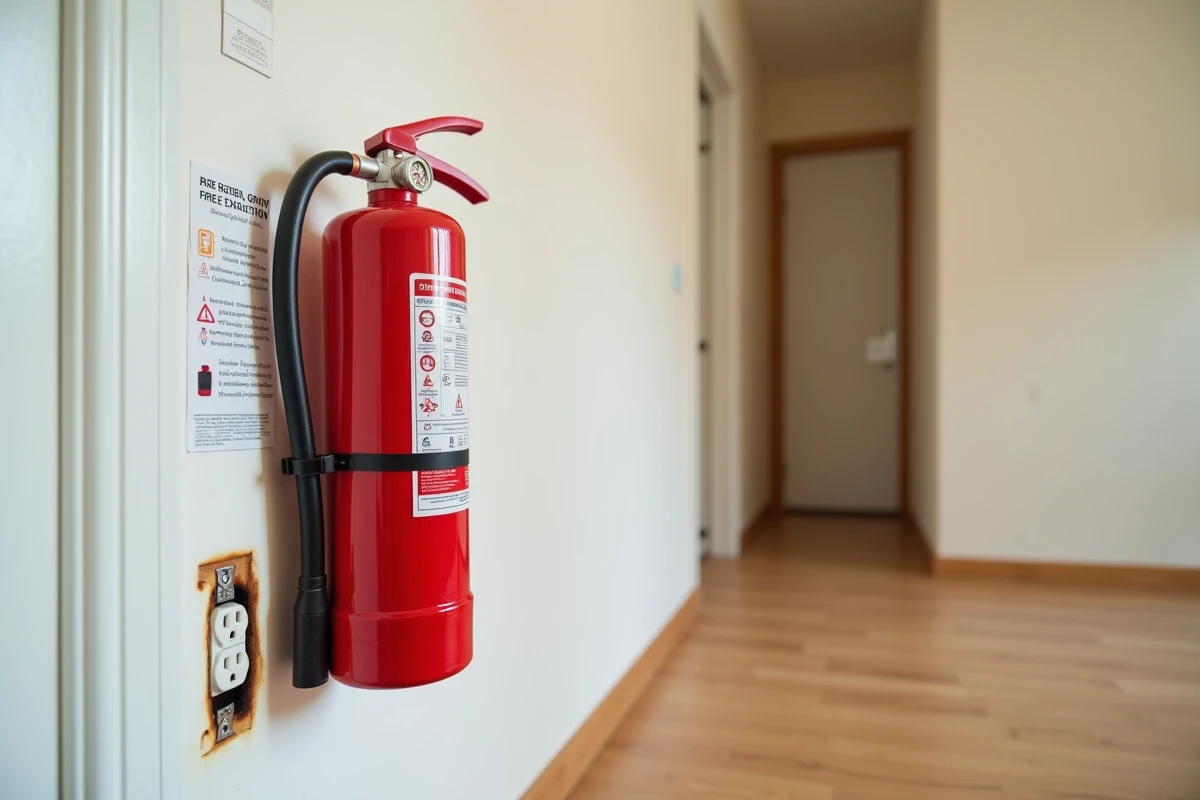 Extincteur rouge fixé au mur d'un couloir résidentiel près d'une prise électrique avec traces de brûlure