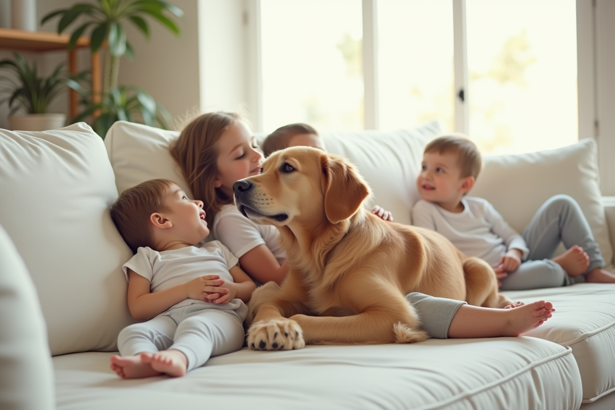 Famille avec chien sur canapé lumineux et spacieux