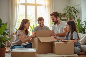 Famille heureuse emballant des cartons dans un salon lumineux