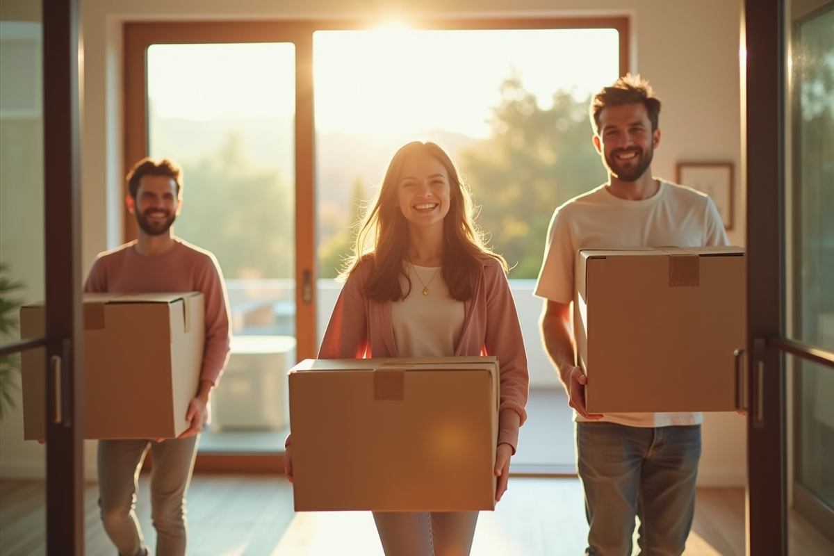 Famille heureuse portant des cartons dans une maison lumineuse
