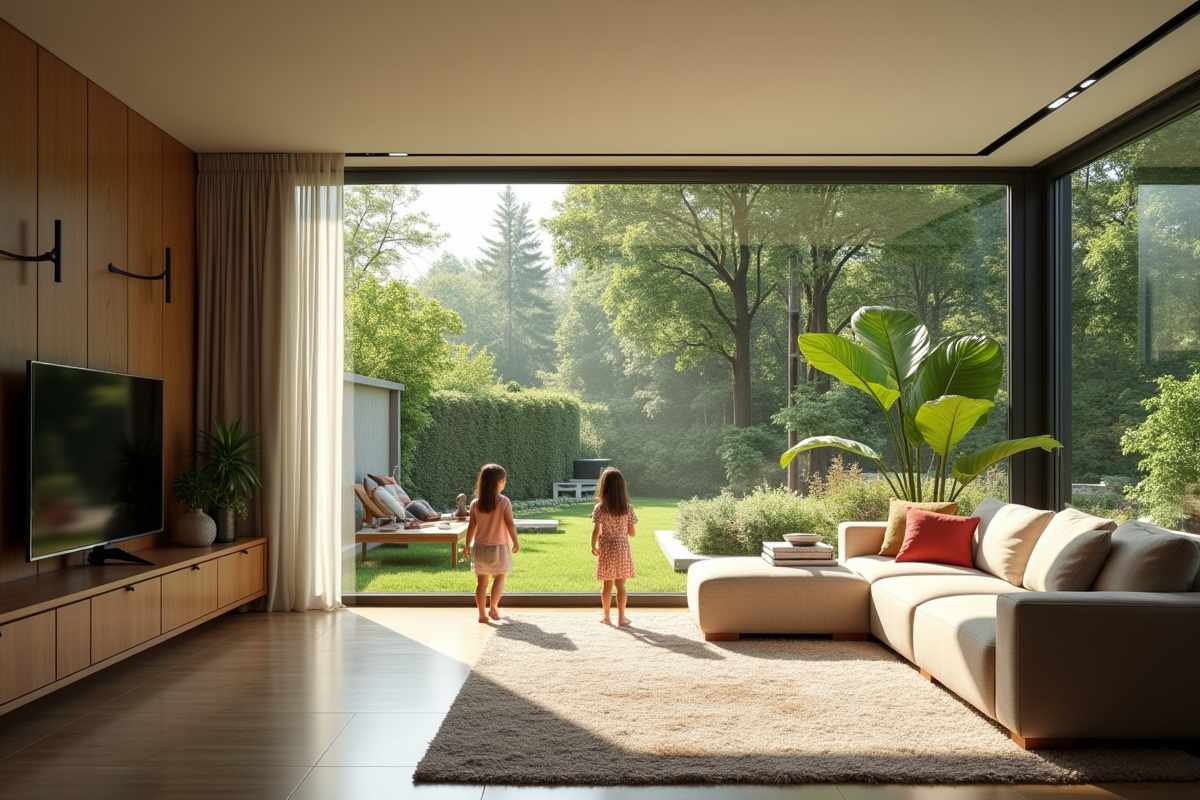 Famille dans un salon lumineux avec vue sur jardin