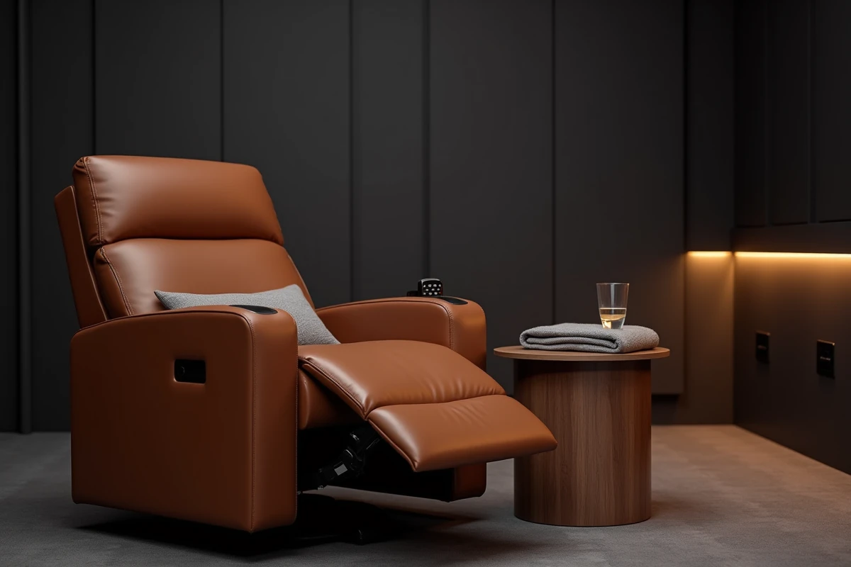 Fauteuil relax en cuir cognac dans une salle de cinéma privée avec plafond étoilé et ambiance tamisée